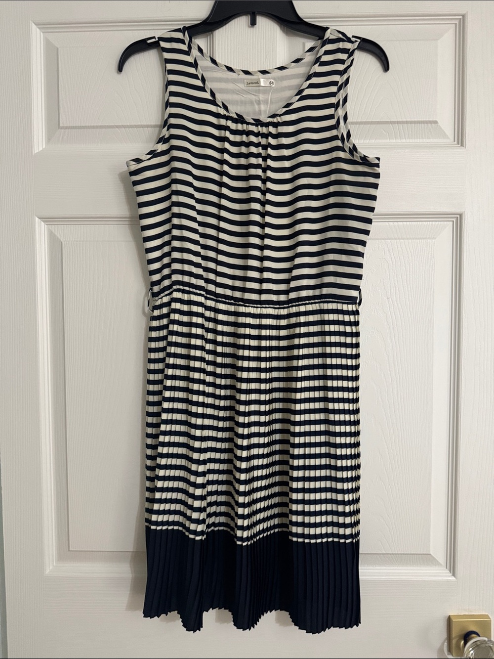 Lavand Navy Ivory Striped Pleated Nautical Dress Size M